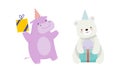 Cute Hippo and Polar Bear Wearing Birthday Hat and Holding Gift Box Celebrating Holiday Vector Set