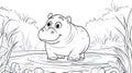 Cute Baby Hippo Standing in Water - Coloring Page Outline Art Royalty Free Stock Photo