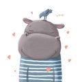 Cute hippo portrait with bird and heart, watercolor style illustration, kawaii clipart with cartoon character