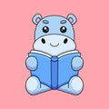 cute hippo reading book cartoon mascot doodle art hand drawn concept vector kawaii icon illustration Royalty Free Stock Photo