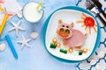 Cute hippo shaped ham sandwich for kids breakfast or lunch