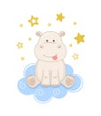 Cute hippo sitting on a cloud, isolated on a white background with yellow small stars Royalty Free Stock Photo