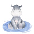 Cute hippo sitting in a pond. Hand-drawn watercolor illustration. Great for postcards, stickers, books, notebooks, textiles, Royalty Free Stock Photo