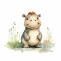 Charming Hippo Watercolor Cartoon Illustration On White Background