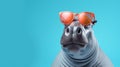 Cute Hippo Wearing Red Sunglasses On Blue Background