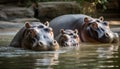 A cute hippopotamus calf looking at camera in the wild generated by AI