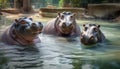 Cute hippopotamus calf smiling, looking at camera, wet in pond generated by AI