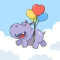 Cute Hippopotamus Cartoon Character With Heart Balloons