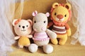 Cute hippopotamus crochet and Woolen bear, handmade baby lion toy in vintage background, toys kids, children, childhood, memory, n
