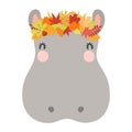 Cute hippopotamus face in autumn leaves crown character illustration