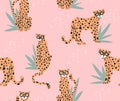 Cute hipster cheetah seamless pattern. Pink leopard tropical background.