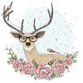 Cute hipster deer with glasses and flowers