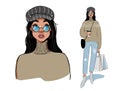 000Cute hipster girl carries bag and coffee. Portrait in full growth. Modern young woman goes shopping. Vector fashion Royalty Free Stock Photo