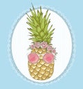 Cute hipster pineapple with sunglasses and flowers