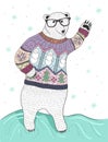 Cute hipster polar bear with glasses