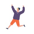 Cute hipster teenager running having fun vector flat illustration. Joyful guy in casual clothes jumping raising hands