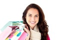 Cute hispanic woman with scarf and shopping bags