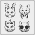 Cute holiday cats collection. Greeting card design, print design for t-shirt, template for pet shop logo.