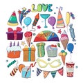 Cute holiday illustration. Vector hand drawn set. Cakes, cupcake Royalty Free Stock Photo