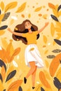 Cute holiday nature art happy design women fall active cartoon character meditating autum leaf