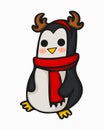 Cute holiday penguin concept. Vector illustration. Christmas penguin in scarf and reindeer horns. Themed design element