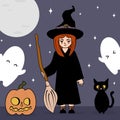 Cute cartoon holiday vector illustration with lovely little girl in halloween witch costume, ghost, black cat and pumpkin Royalty Free Stock Photo