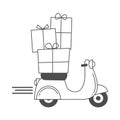 Cute holidays vector cartoon with scooter motorcycle and christmas gift box funny illustration for coloring art