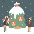 Cute holidays vector illustration with happy tiny people decorate huge christmas tree in the snow