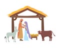 Cute holy family and animals in stable manger characters Royalty Free Stock Photo