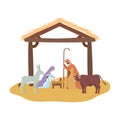 Cute holy family and animals in stable manger characters Royalty Free Stock Photo