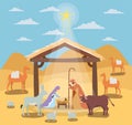 Cute holy family in stable with animals manger characters Royalty Free Stock Photo