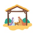 Cute holy family in stable manger characters