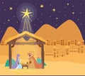 Cute holy family in stable manger characters