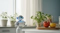 Cute home assistant robot helping in the kitchen. Basil growing in the pot and ripe tomatoes. Generative AI