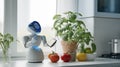 Cute home assistant robot operating a digital device. Basil growing in the pot and ripe tomatoes. Generative AI