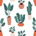 Cute home gardening theme seamless pattern background, trendy hand drawn plants in pots in simple flat style Royalty Free Stock Photo