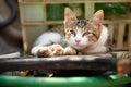 Cute homeless kitten with partly closed third eyelid, lying outside, looking sad and misarble