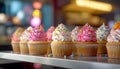 A cute homemade cupcake with pink icing and multi colored decoration generated by AI Royalty Free Stock Photo