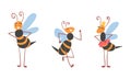 Cute Honey Bee with Antenna and Striped Body Standing and Running Vector Set