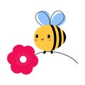 Cute Honey Bee Flying with Pink Flower, Lovely Insect Character Cartoon Vector Illustration Royalty Free Stock Photo