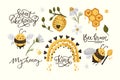 Cute honey bee funny illustration set.