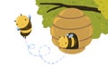 Cute Honey Bee in hive on tree. Funny flying bees illustration