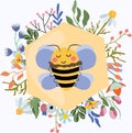 A cute honey bee on a honeycomb surrounded by blooming wildflowers. Beautiful illustration for your logo, label. Concept