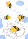 Cute Honey Bee illustration flying with line drawing meadow flowers. Bee sleeping in flower.