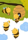 Cute Honey Bee illustration hive, clouds, tree branch and honey jar. Isolated on white background