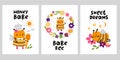 Cute honey bees cards. Funny little insects characters, beautiful flowers, kids cartoon posters with cook, kids adorable