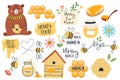 Cute honey symbols. Hand drawn honey jar, honeycomb and bee insects, funny honey doodle beekeeping farm isolated vector