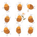 Cute honeybee. Funny honey getters characters in various states and poses. Cartoon working winged insects. Buzzing Royalty Free Stock Photo