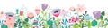 Cute horizontal banner with colourful hand drawn blooming flowers.