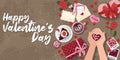 Cute horizontal posters with valentines day elements greetings, vector illustration in flat cartoon style. Place for text.